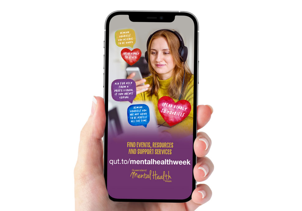 Communication, Mental Health Week graphic displayed on mobile phone
