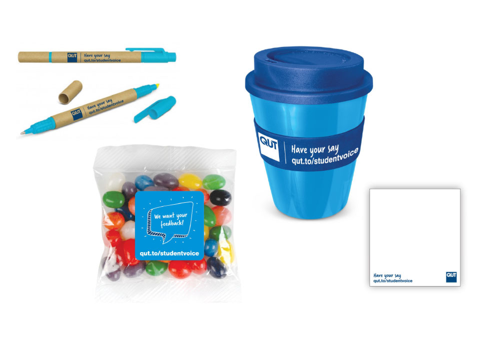 Communication, university student survey merchandise including a pen, keep cup, jellybeans, and post-it notes