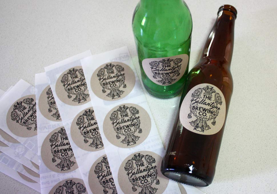 Graphic design, Ballantyne Brewing Co. stickers and branded bottles by Maya Walker