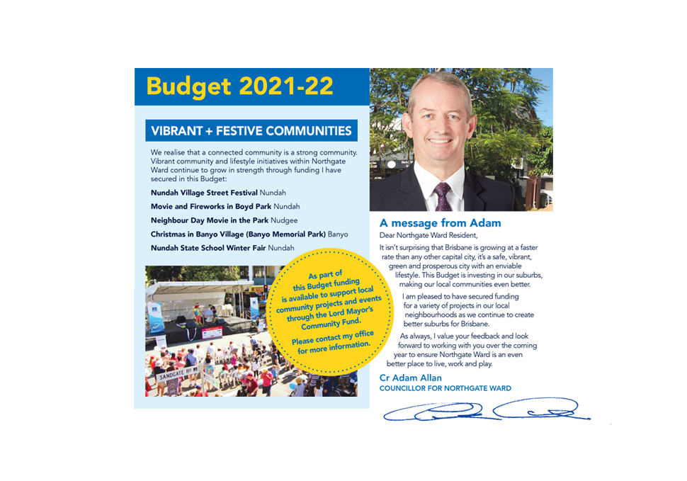 Graphic design, Excerpt from Brisbane City Council Budget 2021 newsletter by Maya Walker