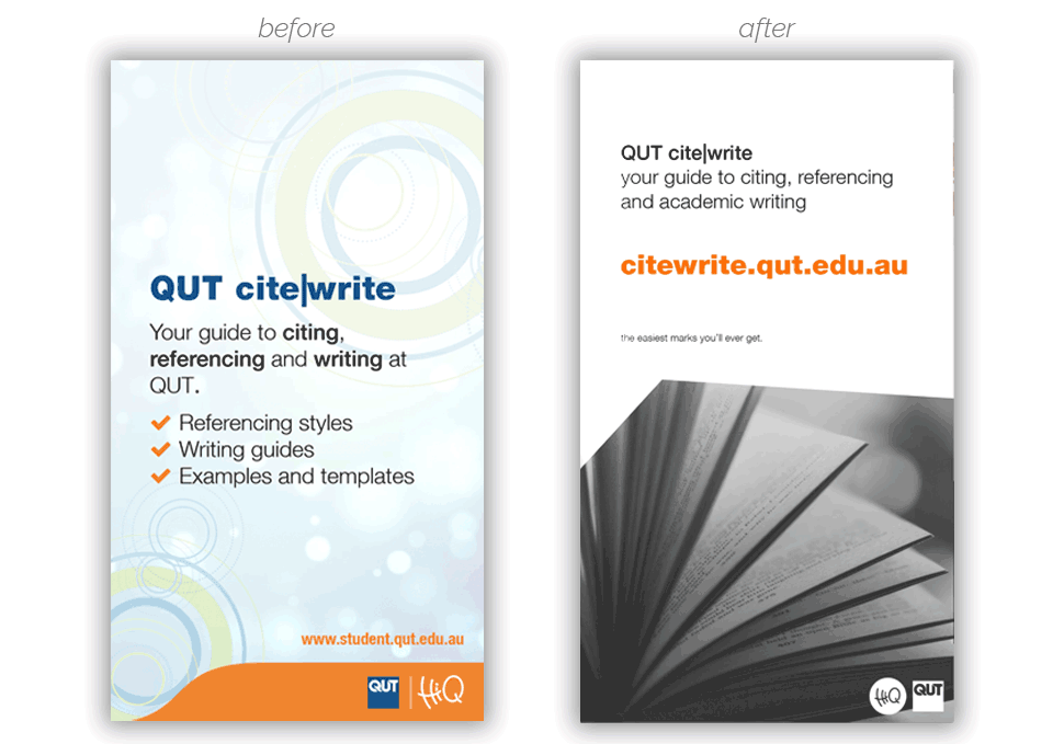 Graphic design, portrait HiQ digital signage before and after redesign 'QUT citewrite' by Maya Walker