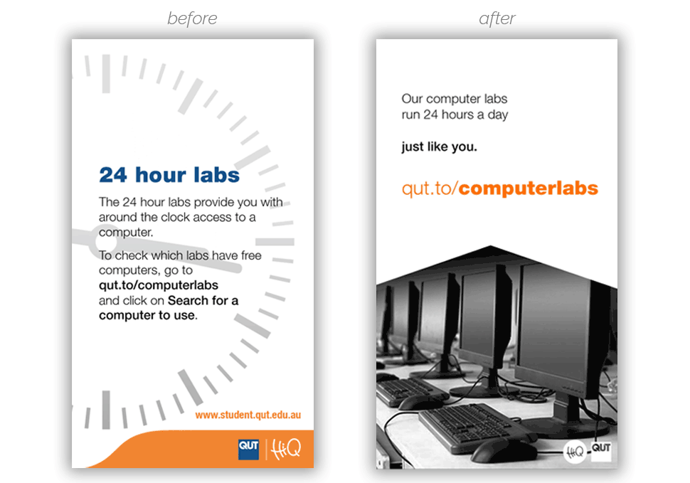 Graphic design, portrait HiQ digital signage before and after redesign 'Computer labs' by Maya Walker
