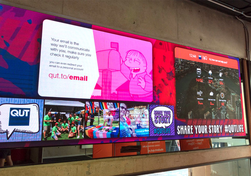 Graphic design, QUT HiQ Kelvin Grove LED wall with digital content by Maya Walker