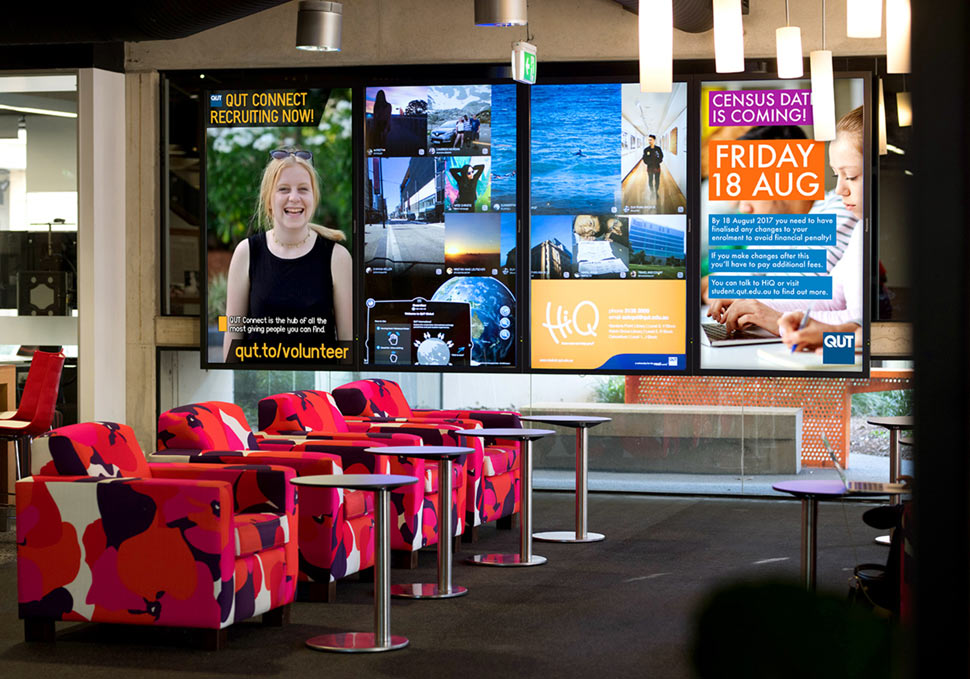 Graphic design, QUT HiQ Kelvin Grove touch screen wall with digital content by Maya Walker