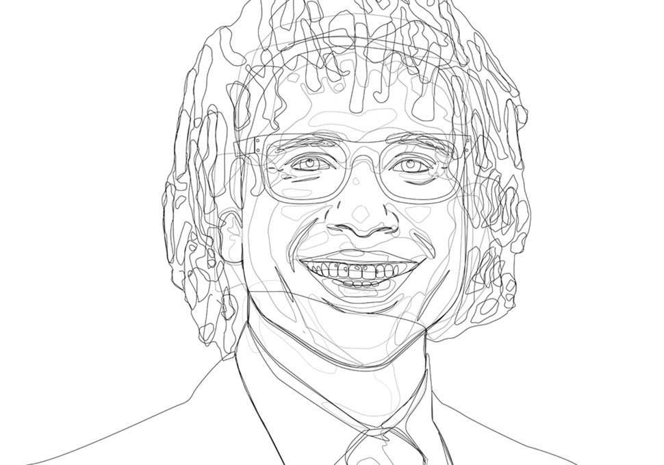 Graphic design, wireframe view of custom vector illustration of Sean Jacobs by Maya Walker