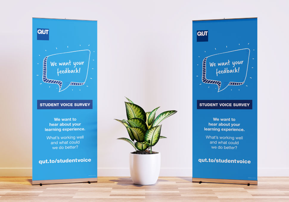Communication, university student survey merchandise, pull up banner designed by Maya Walker
