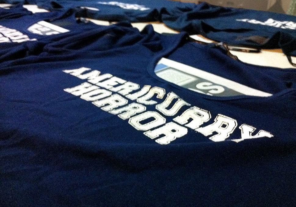 Graphic design, detail of screen printed shirt Curry Horror, Americurry Horror by Maya Walker