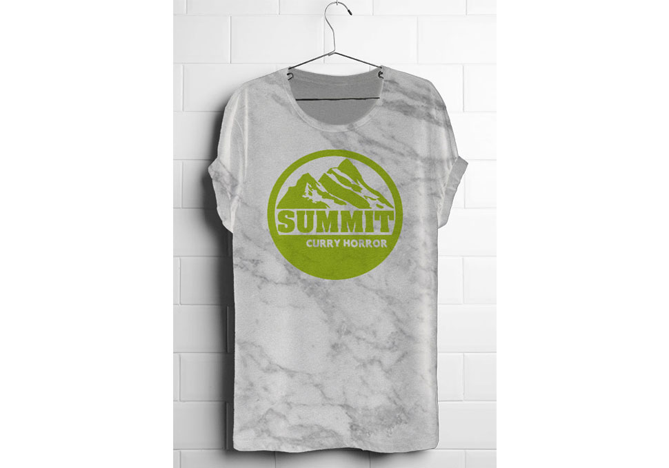 Graphic design, screen printed shirt Curry Horror, Summit by Maya Walker