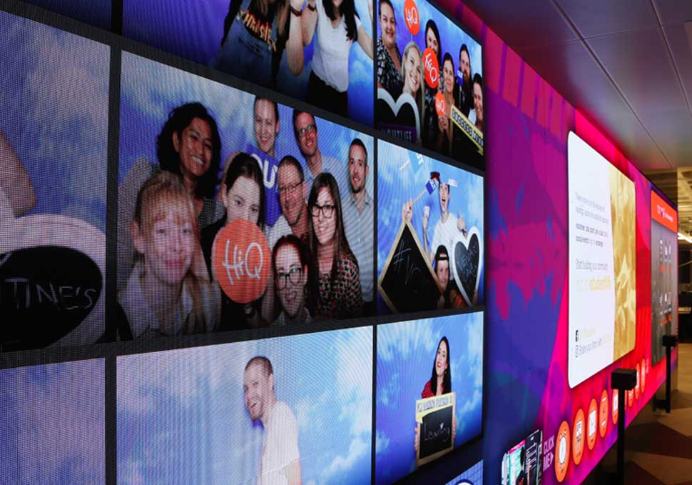 Graphic design, O Week materials featured on large LED screen at HiQ Gardens Point QUT, with digital content by Maya Walker