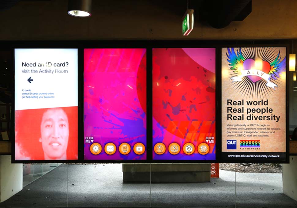 Graphic design, interactive buttons on large touch screen wall at HiQ Kelvin Grove QUT, with digital content by Maya Walker