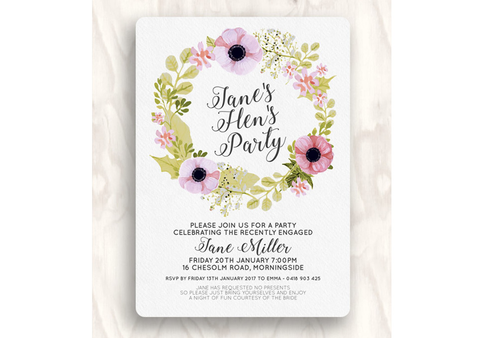 Graphic design, Hens party print invitation by Maya Walker
