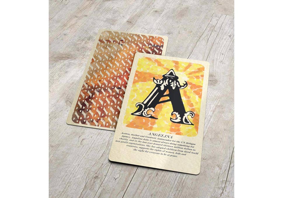 Graphic design, front and back of solace card featuring Angelina design by Maya Walker