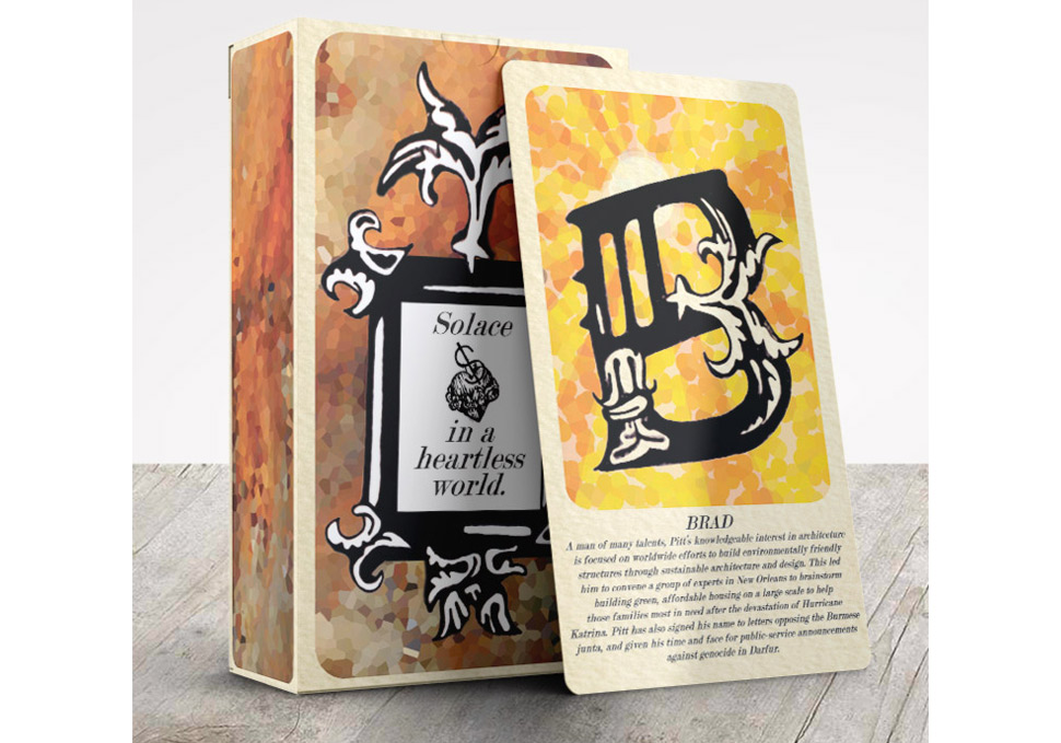 Graphic design, Solace cards pack and one card featuring Brad design by Maya Walker