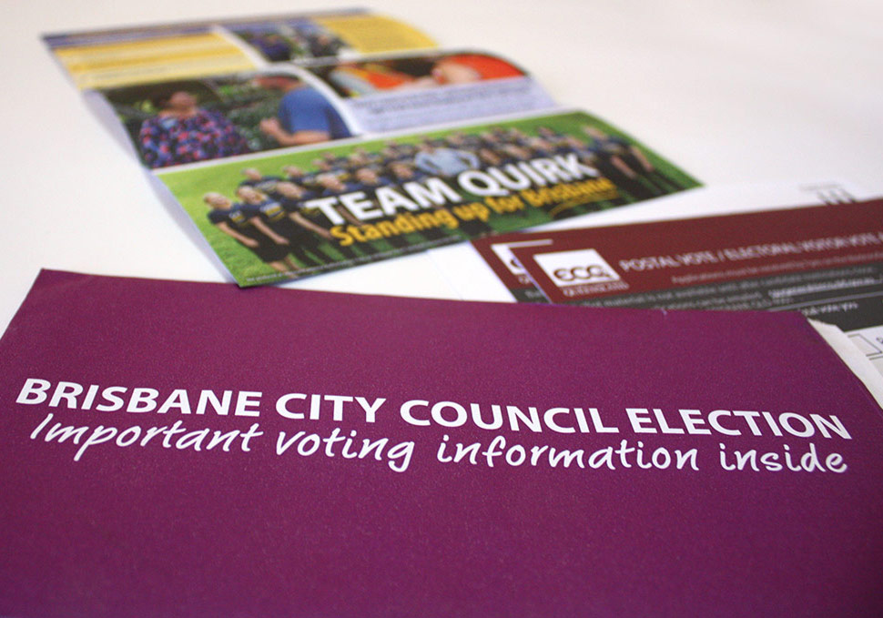 Graphic design, Lord Mayor Graham Quirk A3 flyer and envelope by Maya Walker